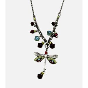 Firefly Jewelry Dragonfly Charm Necklace Beads Red Green Accents Silver READ NEW
